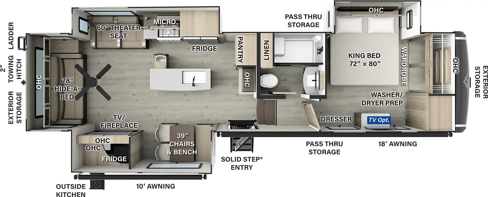 The Flagstaff Classic Fifth Wheels F372RL has one entry and three slide outs. Exterior features include: fiberglass exterior, 10' & 18' awning and outside kitchen. Interiors features include: kitchen island, front bedroom and rear living.